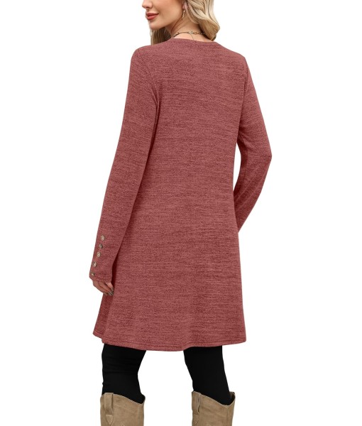 OFEEFAN Long Sleeve Dress for Women Crew Neck Tunic Dress with Pockets Decorative Buttons