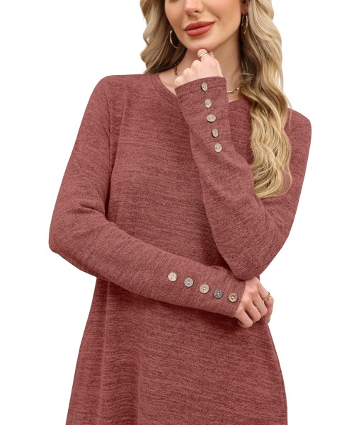OFEEFAN Long Sleeve Dress for Women Crew Neck Tunic Dress with Pockets Decorative Buttons