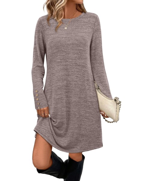 OFEEFAN Long Sleeve Dress for Women Crew Neck Tunic Dress with Pockets Decorative Buttons