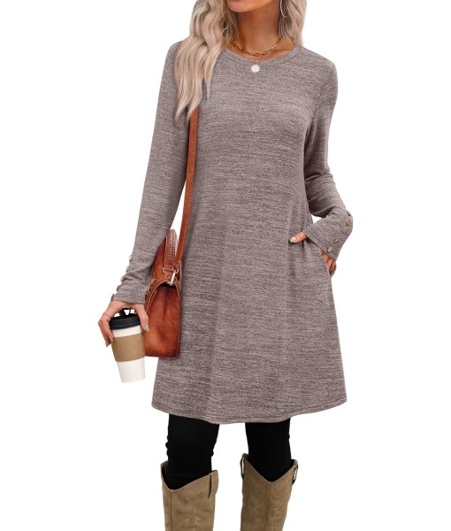 OFEEFAN Long Sleeve Dress for Women Crew Neck Tunic Dress with Pockets Decorative Buttons