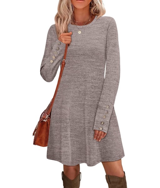 OFEEFAN Long Sleeve Dress for Women Crew Neck Tunic Dress with Pockets Decorative Buttons