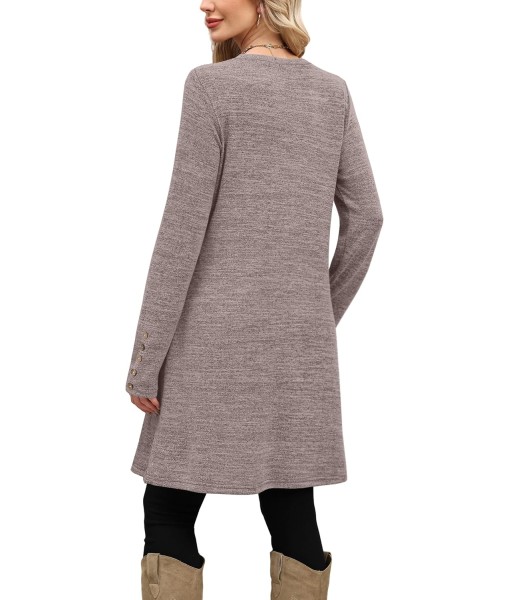 OFEEFAN Long Sleeve Dress for Women Crew Neck Tunic Dress with Pockets Decorative Buttons