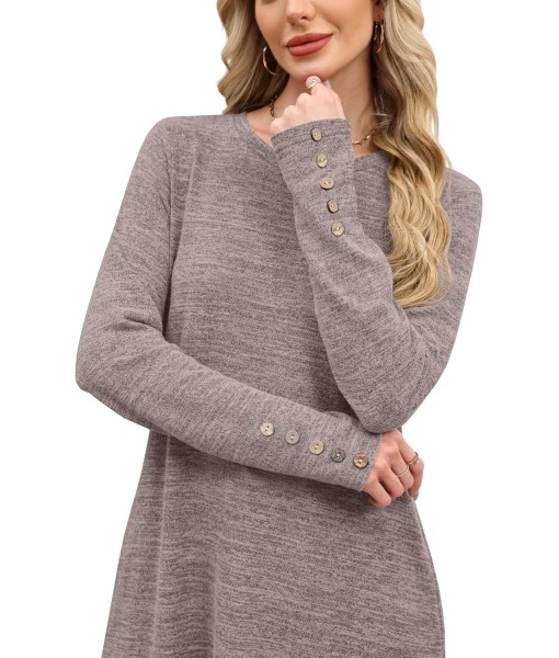 OFEEFAN Long Sleeve Dress for Women Crew Neck Tunic Dress with Pockets Decorative Buttons