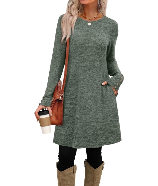 OFEEFAN Long Sleeve Dress for Women Crew Neck Tunic Dress with Pockets Decorative Buttons