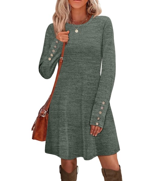 OFEEFAN Long Sleeve Dress for Women Crew Neck Tunic Dress with Pockets Decorative Buttons