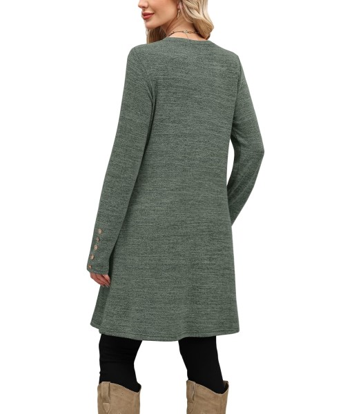 OFEEFAN Long Sleeve Dress for Women Crew Neck Tunic Dress with Pockets Decorative Buttons