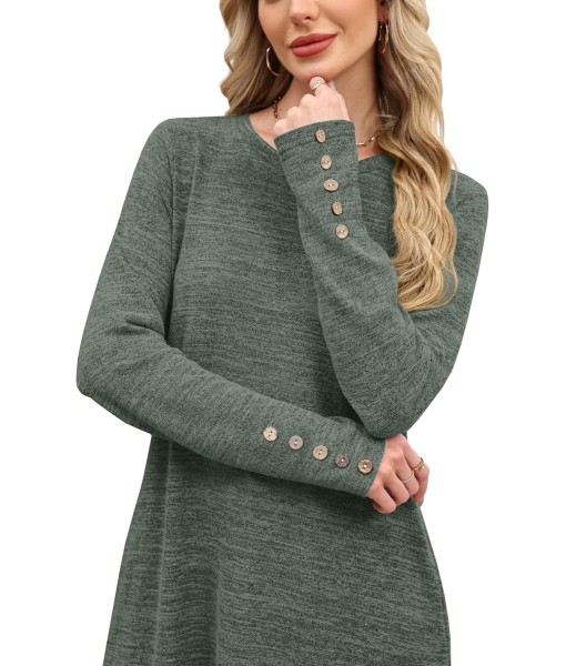 OFEEFAN Long Sleeve Dress for Women Crew Neck Tunic Dress with Pockets Decorative Buttons