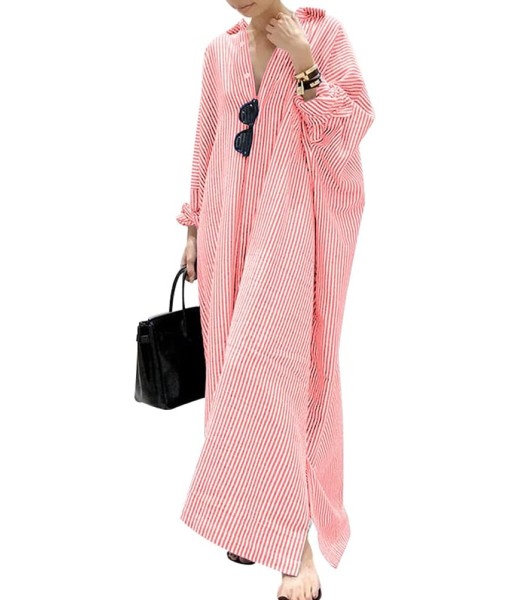 chouyatou Women's Casual Long Sleeve Button Down Loose Striped Cotton Maxi Shirt Dress