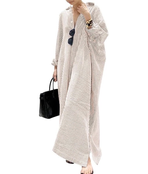 chouyatou Women's Casual Long Sleeve Button Down Loose Striped Cotton Maxi Shirt Dress