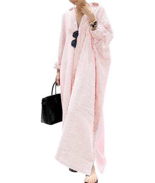 chouyatou Women's Casual Long Sleeve Button Down Loose Striped Cotton Maxi Shirt Dress