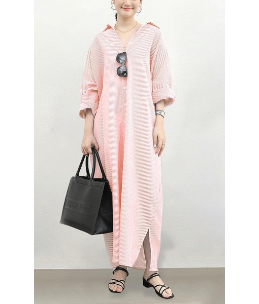 chouyatou Women's Casual Long Sleeve Button Down Loose Striped Cotton Maxi Shirt Dress