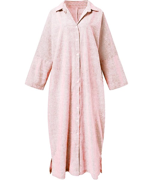 chouyatou Women's Casual Long Sleeve Button Down Loose Striped Cotton Maxi Shirt Dress