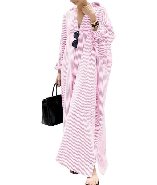 chouyatou Women's Casual Long Sleeve Button Down Loose Striped Cotton Maxi Shirt Dress