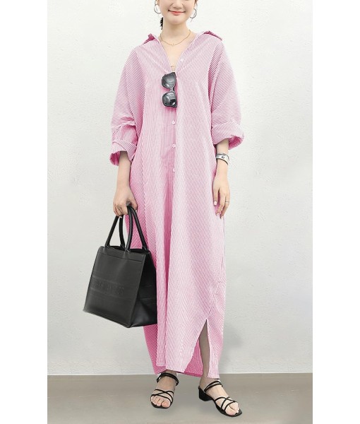 chouyatou Women's Casual Long Sleeve Button Down Loose Striped Cotton Maxi Shirt Dress