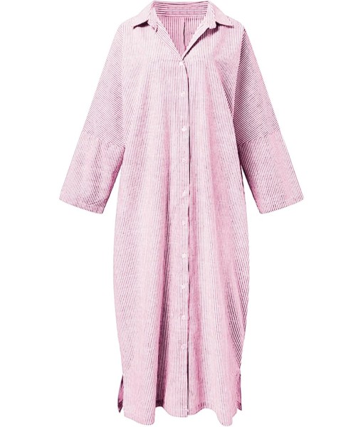 chouyatou Women's Casual Long Sleeve Button Down Loose Striped Cotton Maxi Shirt Dress
