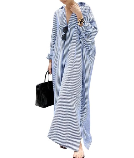 chouyatou Women's Casual Long Sleeve Button Down Loose Striped Cotton Maxi Shirt Dress