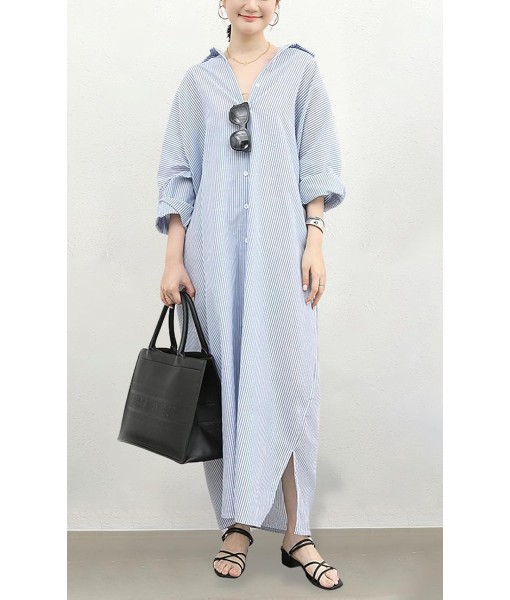 chouyatou Women's Casual Long Sleeve Button Down Loose Striped Cotton Maxi Shirt Dress