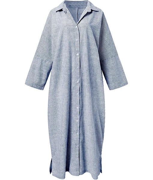 chouyatou Women's Casual Long Sleeve Button Down Loose Striped Cotton Maxi Shirt Dress