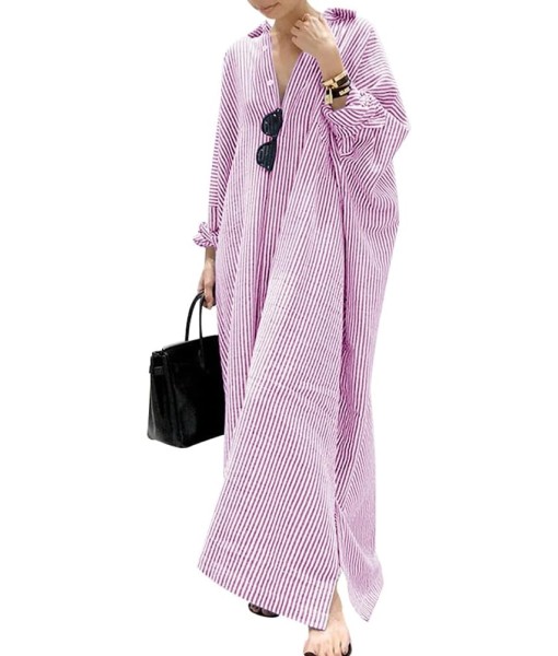 chouyatou Women's Casual Long Sleeve Button Down Loose Striped Cotton Maxi Shirt Dress