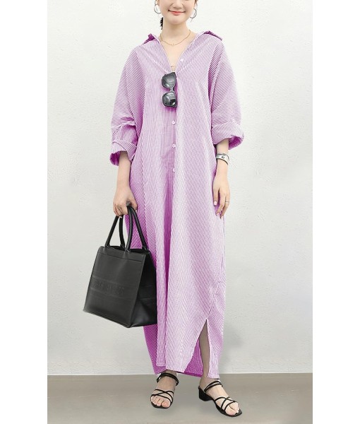 chouyatou Women's Casual Long Sleeve Button Down Loose Striped Cotton Maxi Shirt Dress