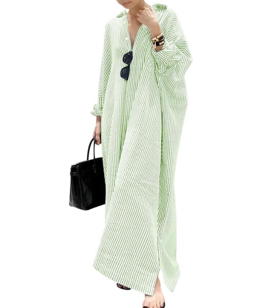 chouyatou Women's Casual Long Sleeve Button Down Loose Striped Cotton Maxi Shirt Dress