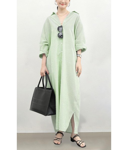chouyatou Women's Casual Long Sleeve Button Down Loose Striped Cotton Maxi Shirt Dress