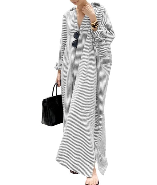 chouyatou Women's Casual Long Sleeve Button Down Loose Striped Cotton Maxi Shirt Dress