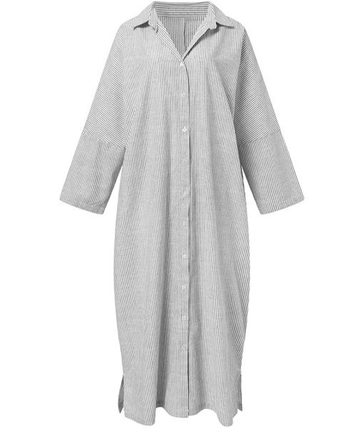 chouyatou Women's Casual Long Sleeve Button Down Loose Striped Cotton Maxi Shirt Dress
