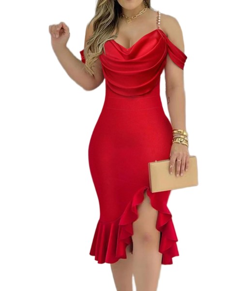 CHICME Womens Sexy Bodycon Party Dress Off The Shoulder Pearls Strap Midi Dress Ruffle Hem Cocktail Dresses
