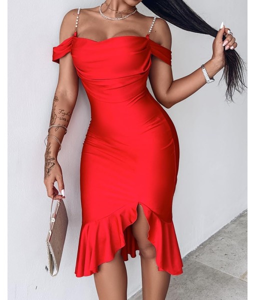 CHICME Womens Sexy Bodycon Party Dress Off The Shoulder Pearls Strap Midi Dress Ruffle Hem Cocktail Dresses