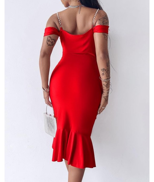CHICME Womens Sexy Bodycon Party Dress Off The Shoulder Pearls Strap Midi Dress Ruffle Hem Cocktail Dresses