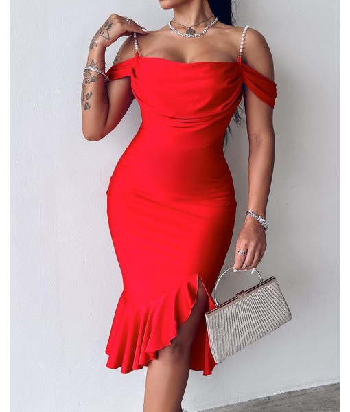 CHICME Womens Sexy Bodycon Party Dress Off The Shoulder Pearls Strap Midi Dress Ruffle Hem Cocktail Dresses