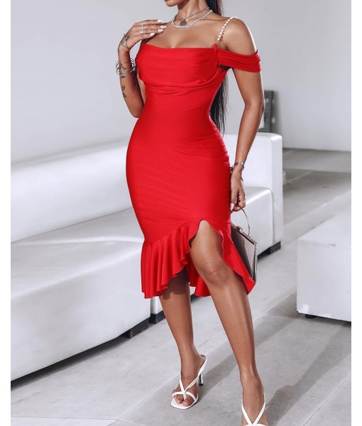 CHICME Womens Sexy Bodycon Party Dress Off The Shoulder Pearls Strap Midi Dress Ruffle Hem Cocktail Dresses