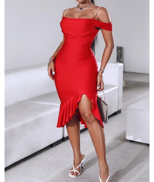 CHICME Womens Sexy Bodycon Party Dress Off The Shoulder Pearls Strap Midi Dress Ruffle Hem Cocktail Dresses