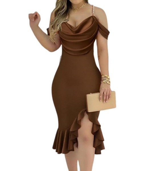 CHICME Womens Sexy Bodycon Party Dress Off The Shoulder Pearls Strap Midi Dress Ruffle Hem Cocktail Dresses