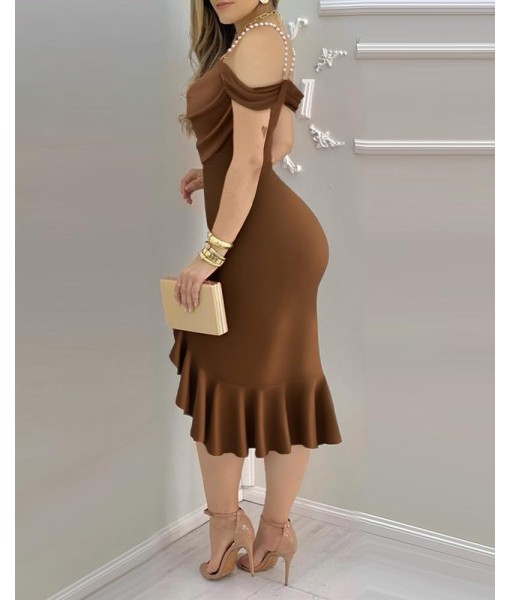 CHICME Womens Sexy Bodycon Party Dress Off The Shoulder Pearls Strap Midi Dress Ruffle Hem Cocktail Dresses
