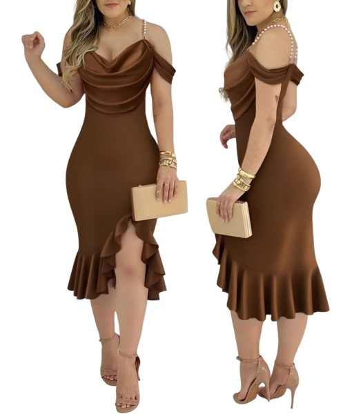 CHICME Womens Sexy Bodycon Party Dress Off The Shoulder Pearls Strap Midi Dress Ruffle Hem Cocktail Dresses