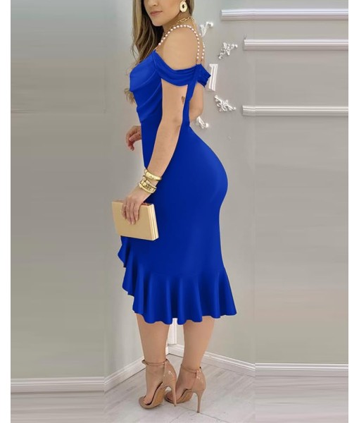CHICME Womens Sexy Bodycon Party Dress Off The Shoulder Pearls Strap Midi Dress Ruffle Hem Cocktail Dresses