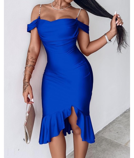 CHICME Womens Sexy Bodycon Party Dress Off The Shoulder Pearls Strap Midi Dress Ruffle Hem Cocktail Dresses