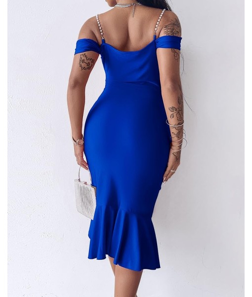 CHICME Womens Sexy Bodycon Party Dress Off The Shoulder Pearls Strap Midi Dress Ruffle Hem Cocktail Dresses