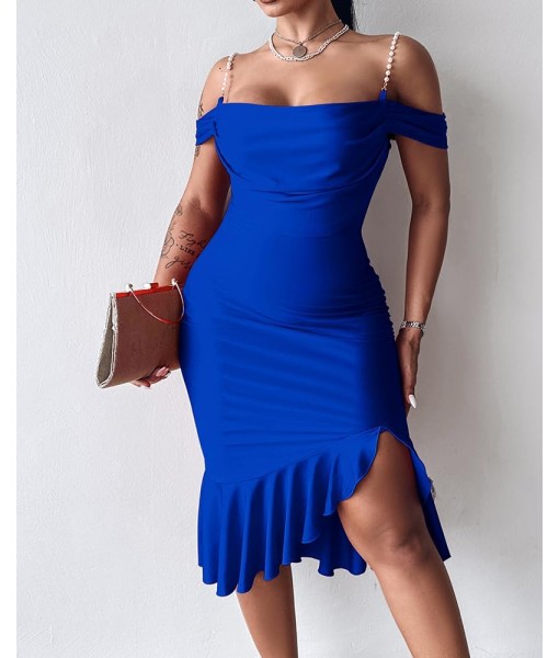 CHICME Womens Sexy Bodycon Party Dress Off The Shoulder Pearls Strap Midi Dress Ruffle Hem Cocktail Dresses