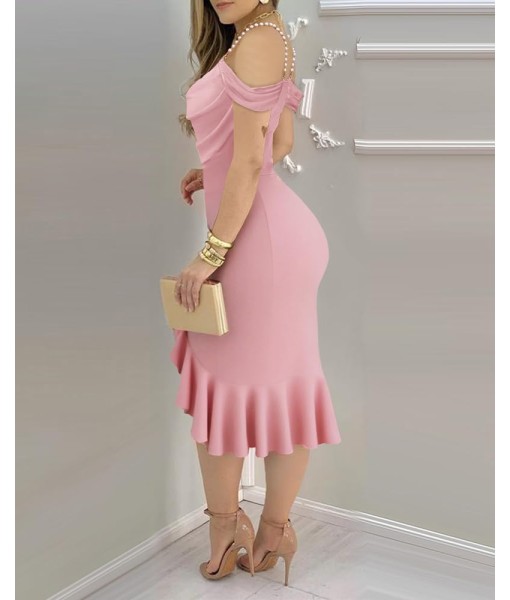 CHICME Womens Sexy Bodycon Party Dress Off The Shoulder Pearls Strap Midi Dress Ruffle Hem Cocktail Dresses