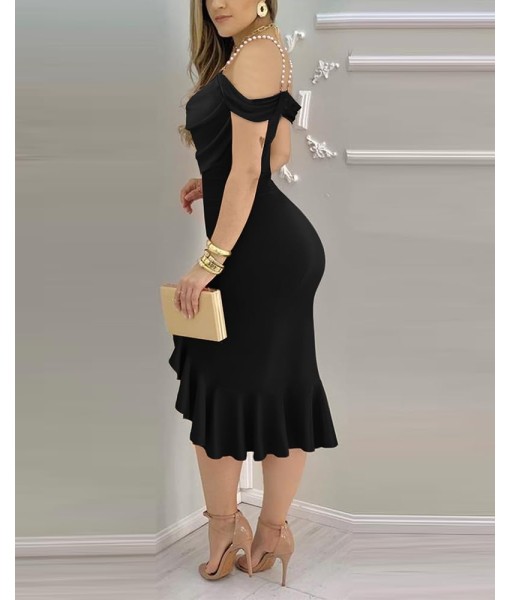CHICME Womens Sexy Bodycon Party Dress Off The Shoulder Pearls Strap Midi Dress Ruffle Hem Cocktail Dresses