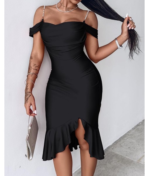 CHICME Womens Sexy Bodycon Party Dress Off The Shoulder Pearls Strap Midi Dress Ruffle Hem Cocktail Dresses