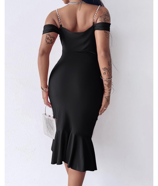 CHICME Womens Sexy Bodycon Party Dress Off The Shoulder Pearls Strap Midi Dress Ruffle Hem Cocktail Dresses