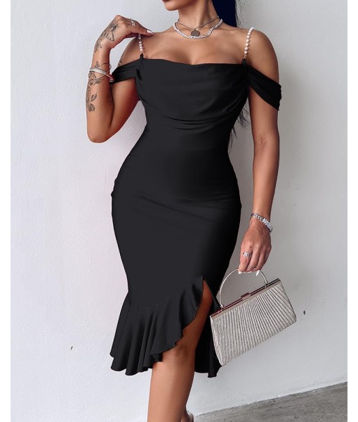 CHICME Womens Sexy Bodycon Party Dress Off The Shoulder Pearls Strap Midi Dress Ruffle Hem Cocktail Dresses