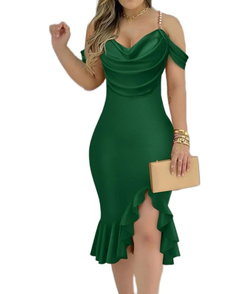 CHICME Womens Sexy Bodycon Party Dress Off The Shoulder Pearls Strap Midi Dress Ruffle Hem Cocktail Dresses