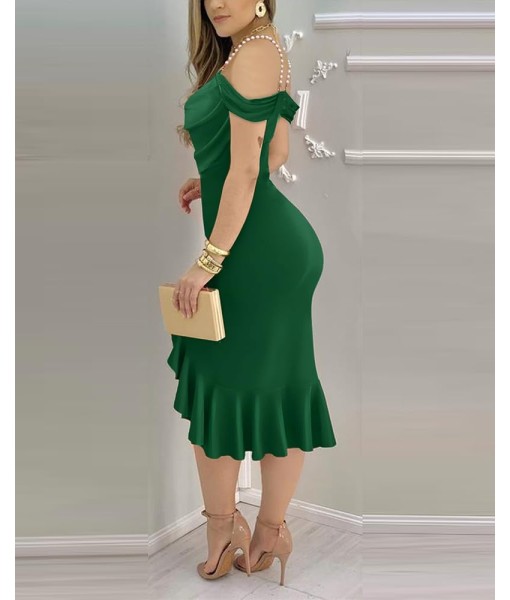 CHICME Womens Sexy Bodycon Party Dress Off The Shoulder Pearls Strap Midi Dress Ruffle Hem Cocktail Dresses