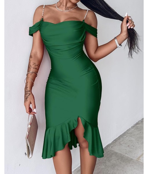 CHICME Womens Sexy Bodycon Party Dress Off The Shoulder Pearls Strap Midi Dress Ruffle Hem Cocktail Dresses