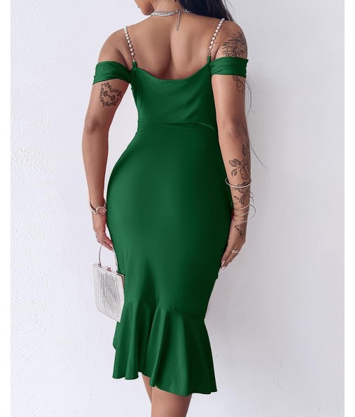CHICME Womens Sexy Bodycon Party Dress Off The Shoulder Pearls Strap Midi Dress Ruffle Hem Cocktail Dresses